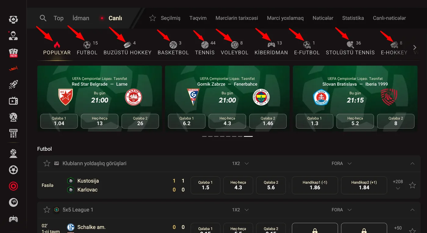 PINCO xəttində idman növlərinin lenti və aktiv matçların sayı