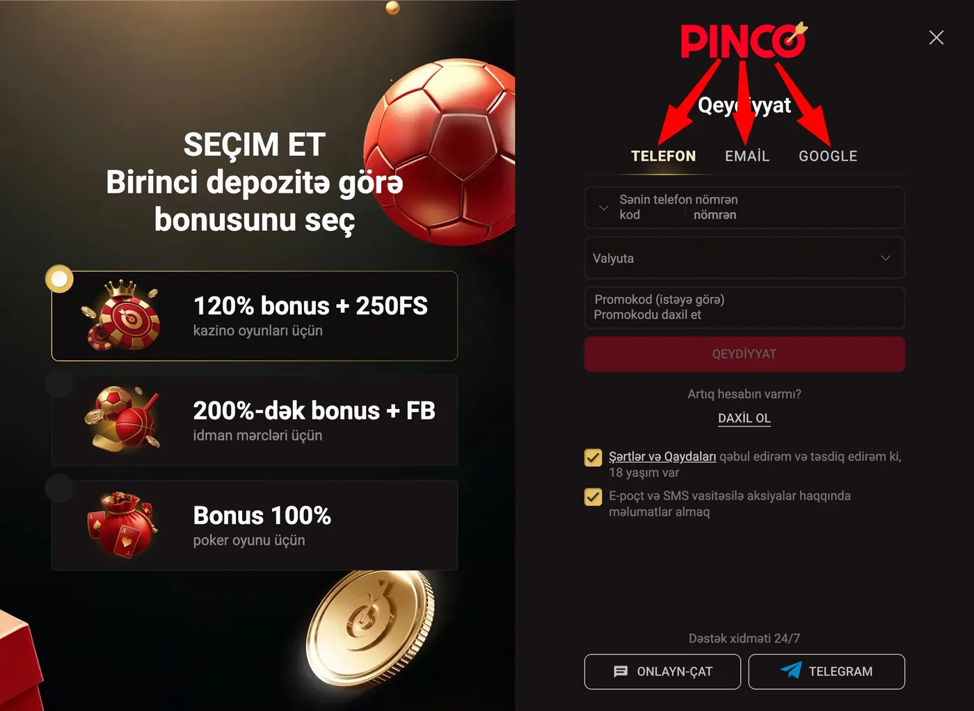 PINCO qeydiyyat formasında telefon, e-poçt və Google nişanları