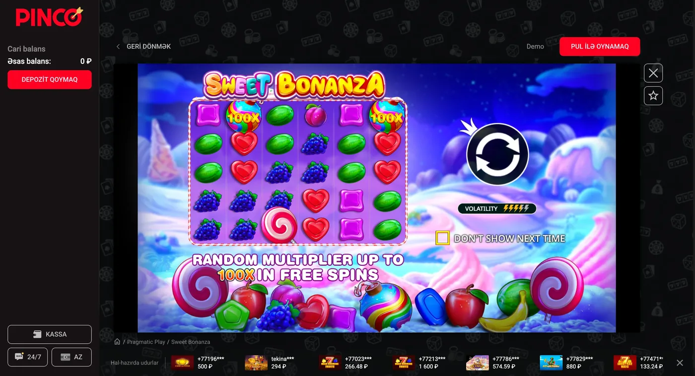 PINCO kazinoda Sweet Bonanza slotunun açılış ekranı