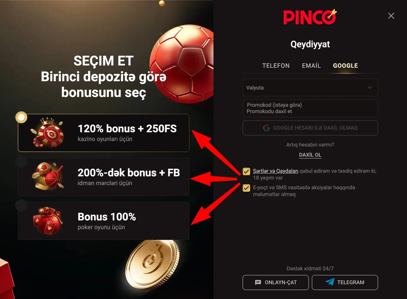 PINCO qeydiyyat formasında «SEÇIM ET» bloku və üç xoş gəldin bonusu